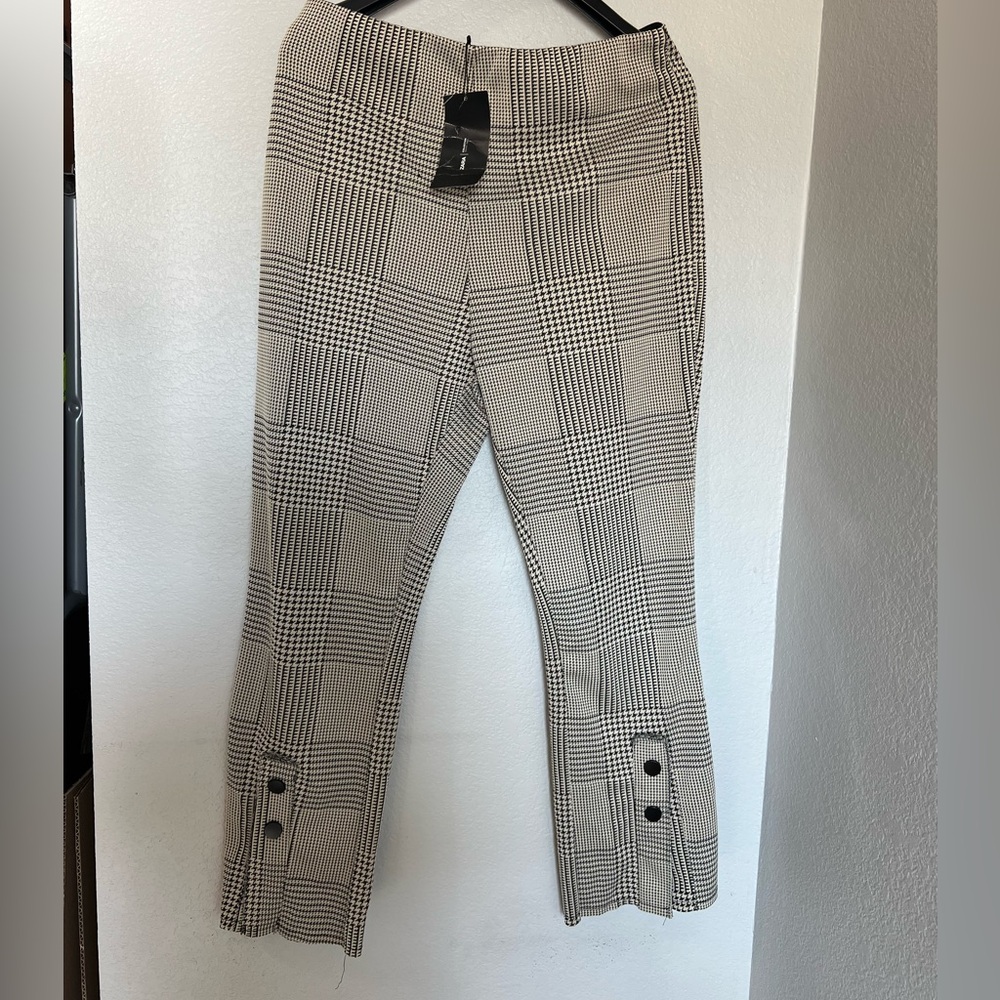 Zara Tan & Black Houndstooth Ankle Flare Pants Button Hem NWT Size L